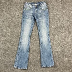 Bootcut Jeans Womens Size 1 Blue Mid Rise Embroidered Pockets Distressed